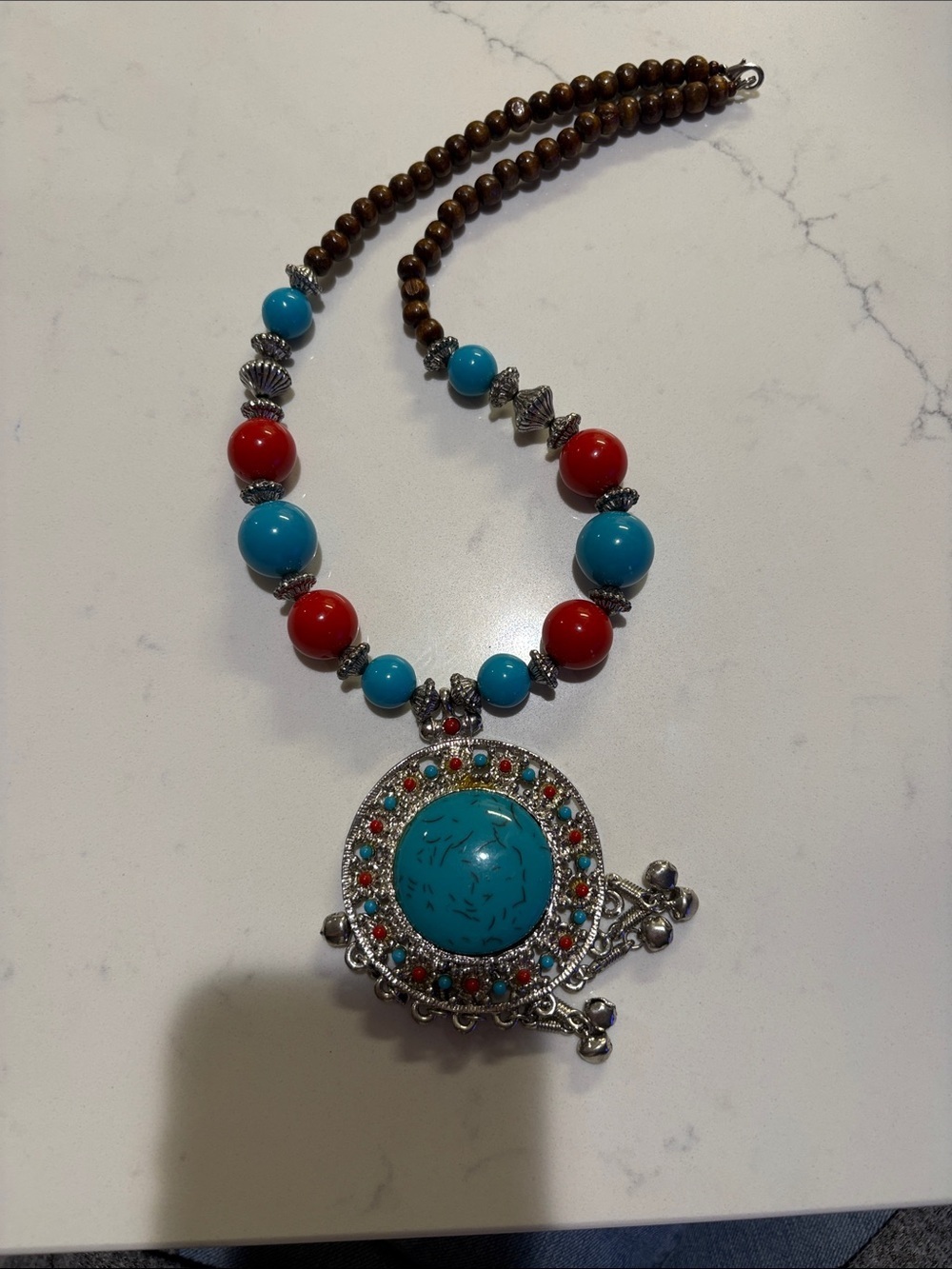 Turquoise & Red Beaded Statement Pendant Necklace - Picture 4 of 5